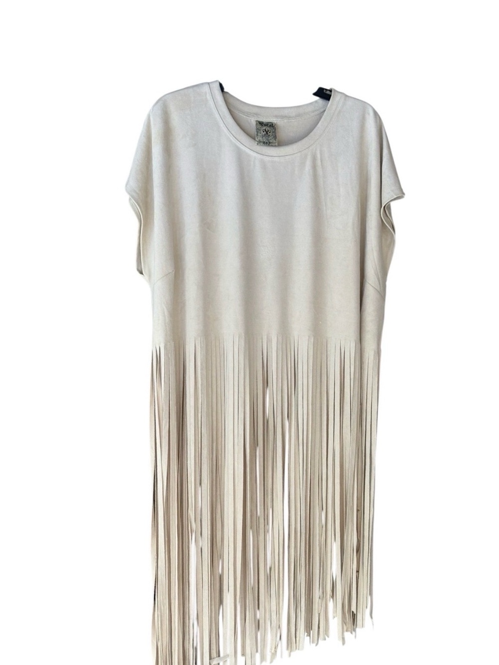 Vocal 3X Cream Faux Suede Asymmetrical Fringe Boho Western Tunic Top